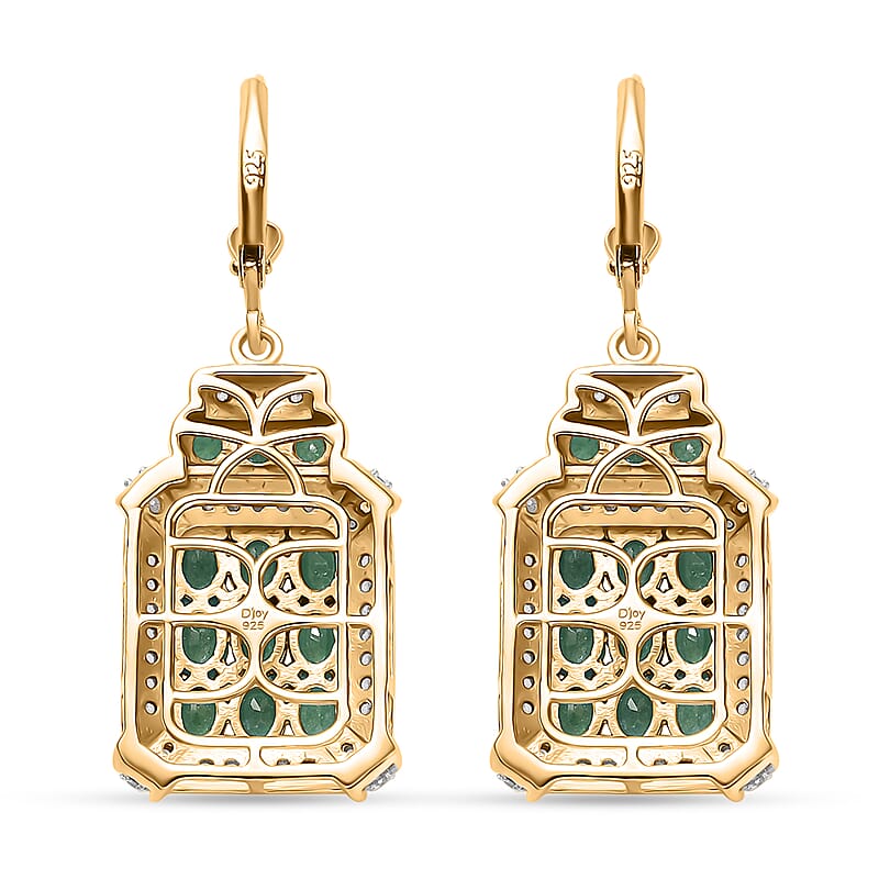 D'Joy Kagem Zambian Emerald and White Zircon 4.40 ctw Opulent Prism Earrings in Rhodium & 18K Vermeil Yellow Gold Over Sterling Silver
