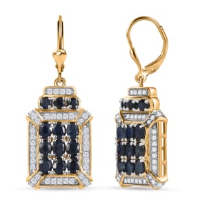D'Joy Kanchanaburi Blue Sapphire and White Zircon 6.20 ctw Opulent Prism Earrings in Rhodium & 18K Vermeil Yellow Gold Over Sterling Silver