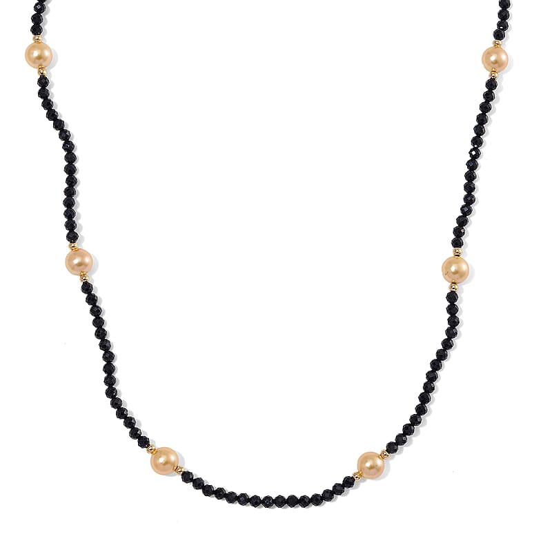 Thai Black Spinel with Golden Shell Pearl 77.00 ctw Beaded Endless Necklace in Goldtone 30 Inches
