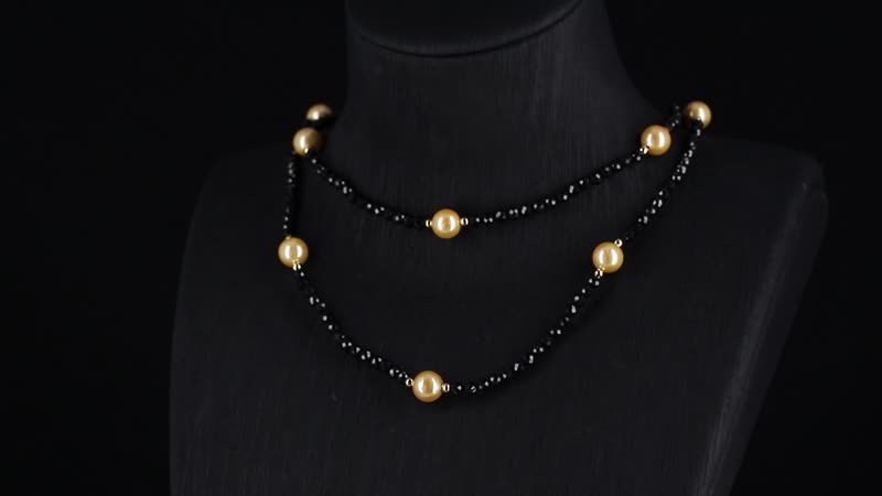 Golden Shell Pearl and Thai Black Spinel 77.00 ctw Beaded Endless Necklace in Goldtone 30 Inches