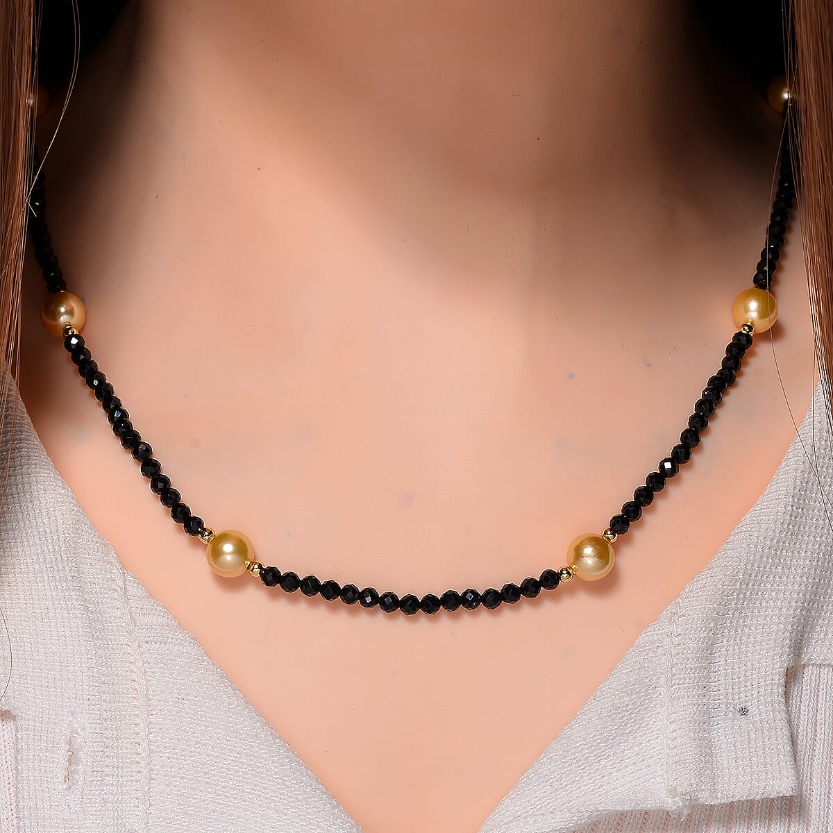 Golden Shell Pearl and Thai Black Spinel 77.00 ctw Beaded Endless Necklace in Goldtone 30 Inches image number 1