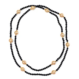 Thai Black Spinel with Golden Shell Pearl 77.00 ctw Beaded Endless Necklace in Goldtone 30 Inches