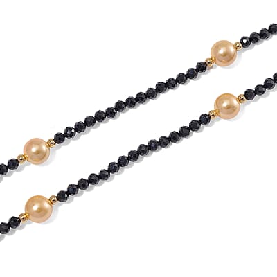 Thai Black Spinel with Golden Shell Pearl 77.00 ctw Beaded Endless Necklace in Goldtone 30 Inches
