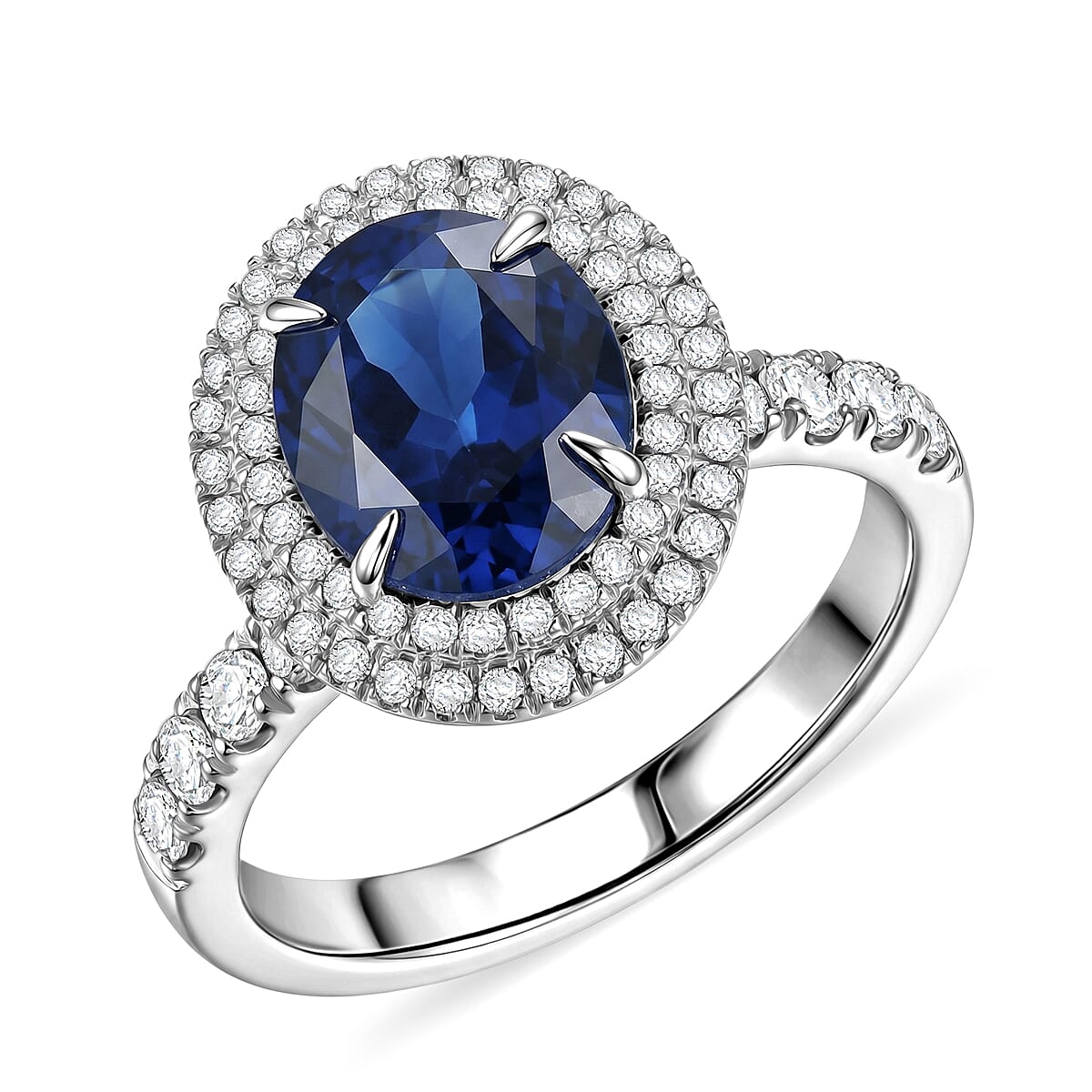 Lab Created Blue and White Sapphire 4.50 ctw Ring in Rhodium Over Sterling Silver (Size 7.0)