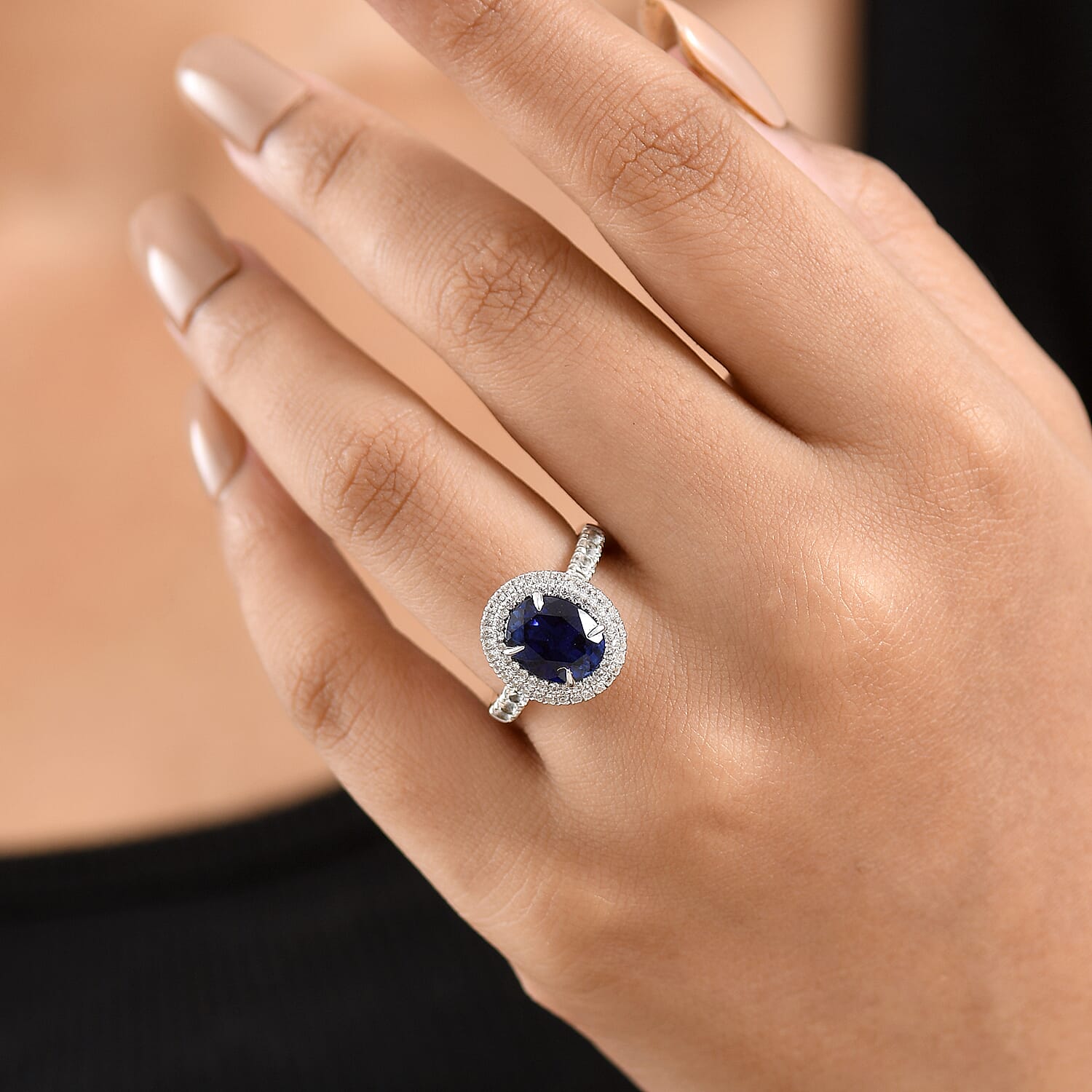 Lab Created Blue and White Sapphire 4.50 ctw Ring in Rhodium Over Sterling Silver (Size 7.0)