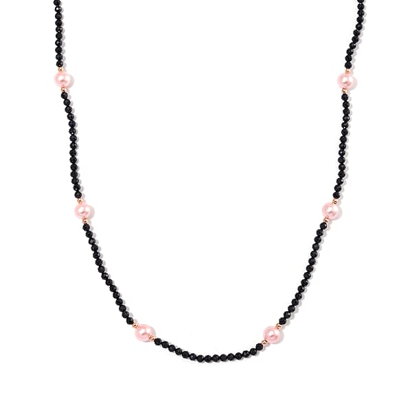 Thai Black Spinel with Pink Shell Pearl 77.00 ctw Beaded Endless Necklace in Rosetone 30 Inches