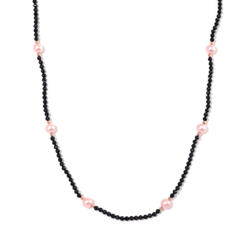 Thai Black Spinel with Pink Shell Pearl 77.00 ctw Beaded Endless Necklace in Rosetone 30 Inches