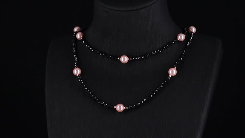 Pink Shell Pearl and Thai Black Spinel 77.00 ctw Beaded Endless Necklace in Rosetone 30 Inches