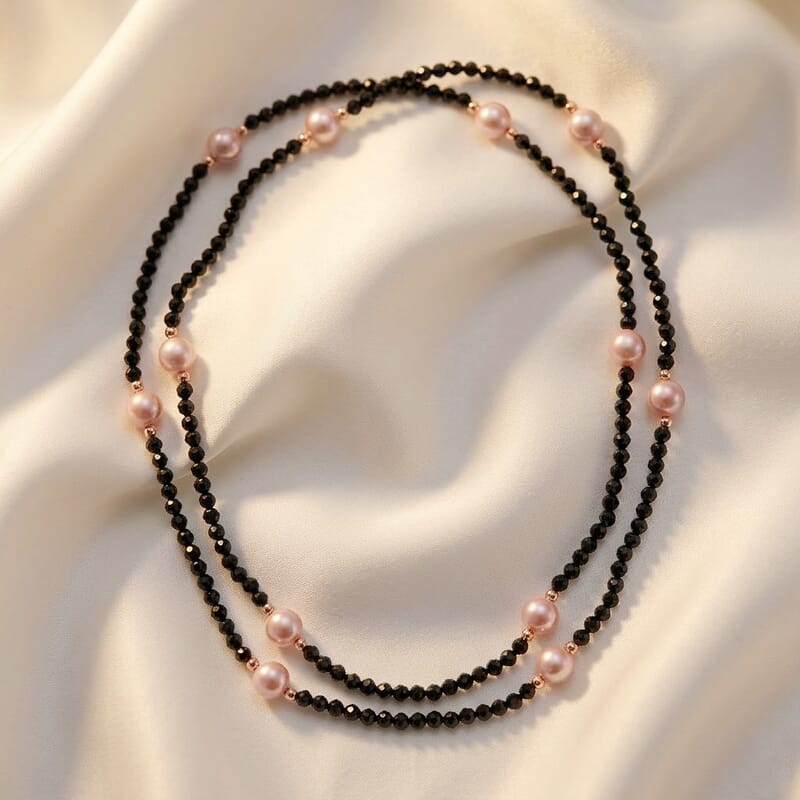 Thai Black Spinel with Pink Shell Pearl 77.00 ctw Beaded Endless Necklace in Rosetone 30 Inches