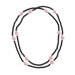 Thai Black Spinel with Pink Shell Pearl 77.00 ctw Beaded Endless Necklace in Rosetone 30 Inches