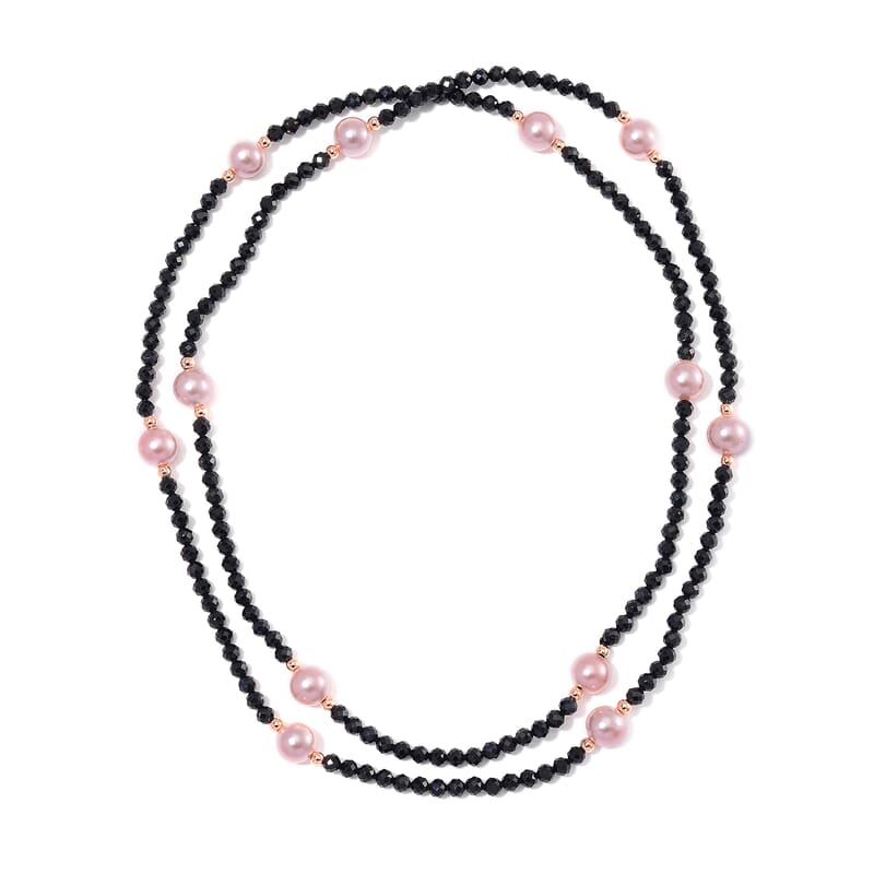 Thai Black Spinel with Pink Shell Pearl 77.00 ctw Beaded Endless Necklace in Rosetone 30 Inches