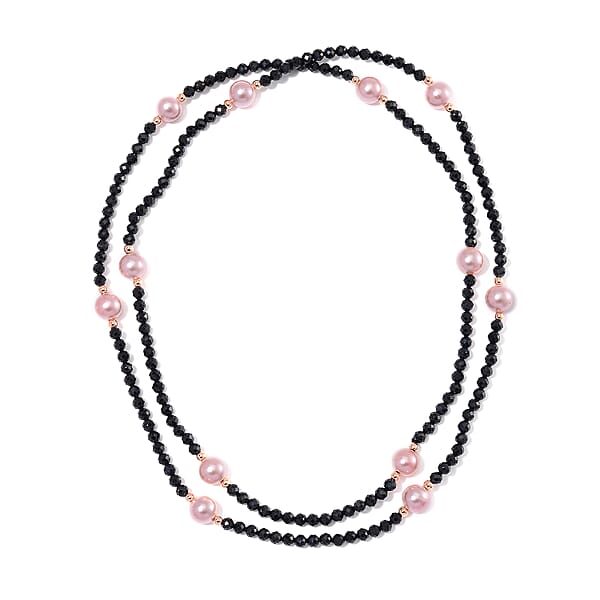 Thai Black Spinel with Pink Shell Pearl 77.00 ctw Beaded Endless Necklace in Rosetone 30 Inches