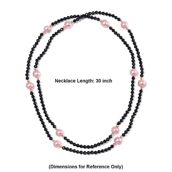 Thai Black Spinel with Pink Shell Pearl 77.00 ctw Beaded Endless Necklace in Rosetone 30 Inches