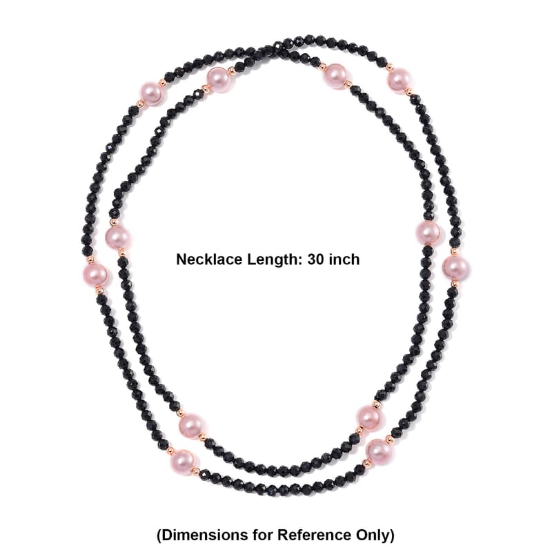 Thai Black Spinel with Pink Shell Pearl 77.00 ctw Beaded Endless Necklace in Rosetone 30 Inches
