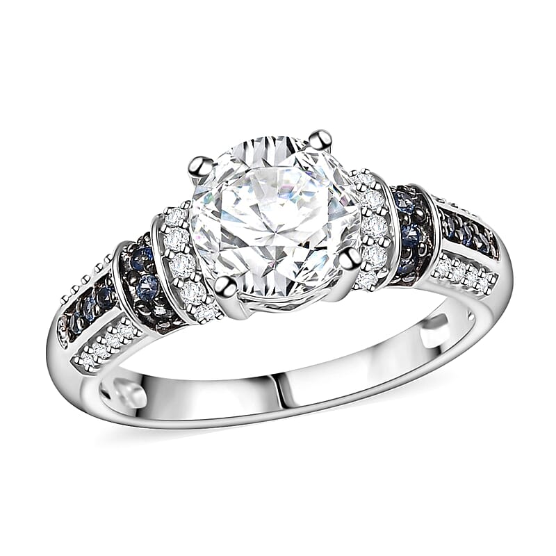 D'Joy Moissanite and Blue Sapphire 2.00 ctw Ring in Rhodium Over Sterling Silver (Size 10.0)