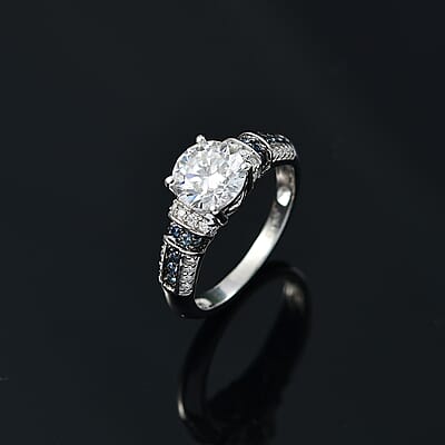 D'Joy Moissanite and Blue Sapphire 2.00 ctw Ring in Rhodium Over Sterling Silver (Size 10.0)