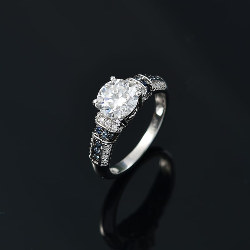 D'Joy Moissanite and Blue Sapphire 2.00 ctw Ring in Rhodium Over Sterling Silver (Size 10.0)