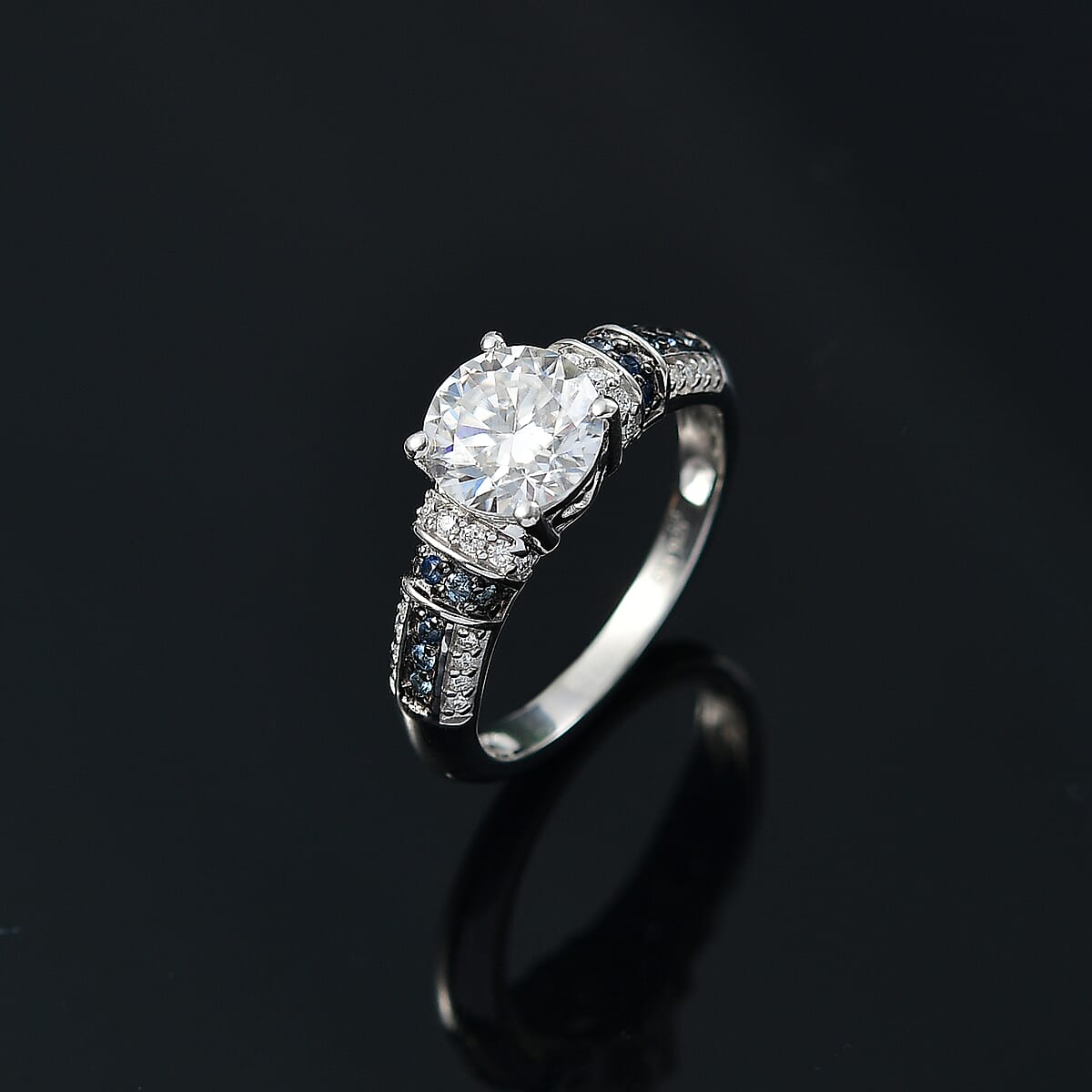 Moissanite and Blue Sapphire 2.00 ctw Ring in Rhodium Over Sterling Silver (Size 5.0) image number 1