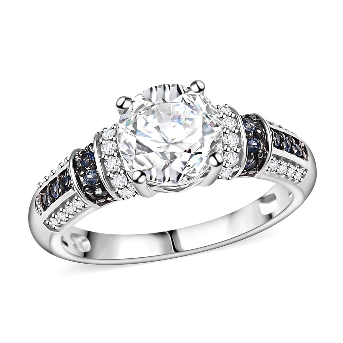Moissanite and Blue Sapphire 2.00 ctw Ring in Rhodium Over Sterling Silver (Size 6.0) image number 0