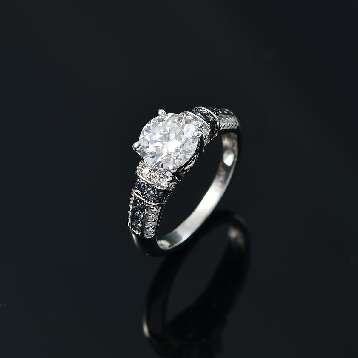 Moissanite and Blue Sapphire 2.00 ctw Ring in Rhodium Over Sterling Silver (Size 6.0) image number 1