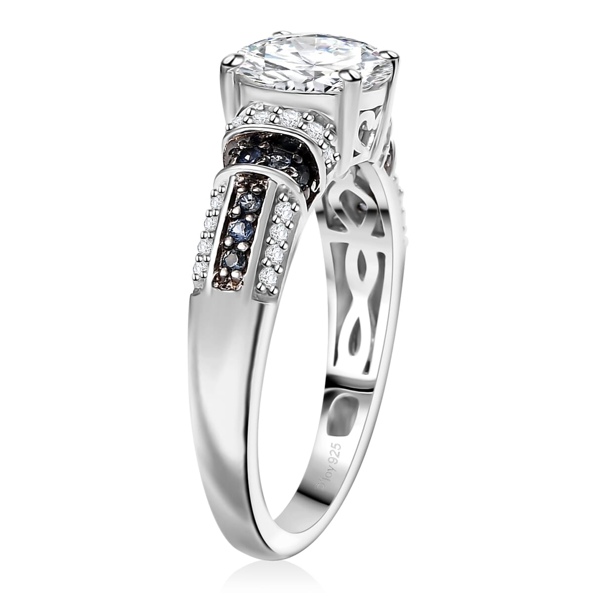 Moissanite and Blue Sapphire 2.00 ctw Ring in Rhodium Over Sterling Silver (Size 6.0) image number 3