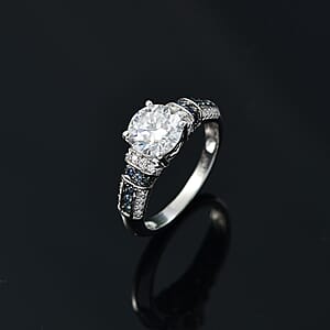 Moissanite and Blue Sapphire 2.00 ctw Ring in Rhodium Over Sterling Silver (Size 8.0)