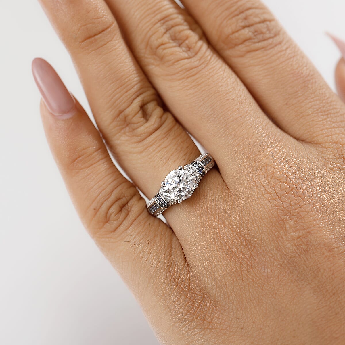 Moissanite and Blue Sapphire 2.00 ctw Ring in Rhodium Over Sterling Silver (Size 8.0) image number 2