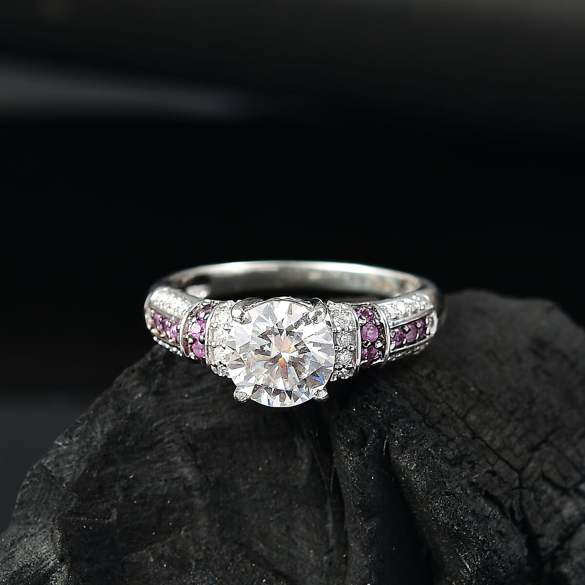 Moissanite and Pink Sapphire 2.00 ctw Ring in Rhodium Over Sterling Silver (Size 6.0) image number 1