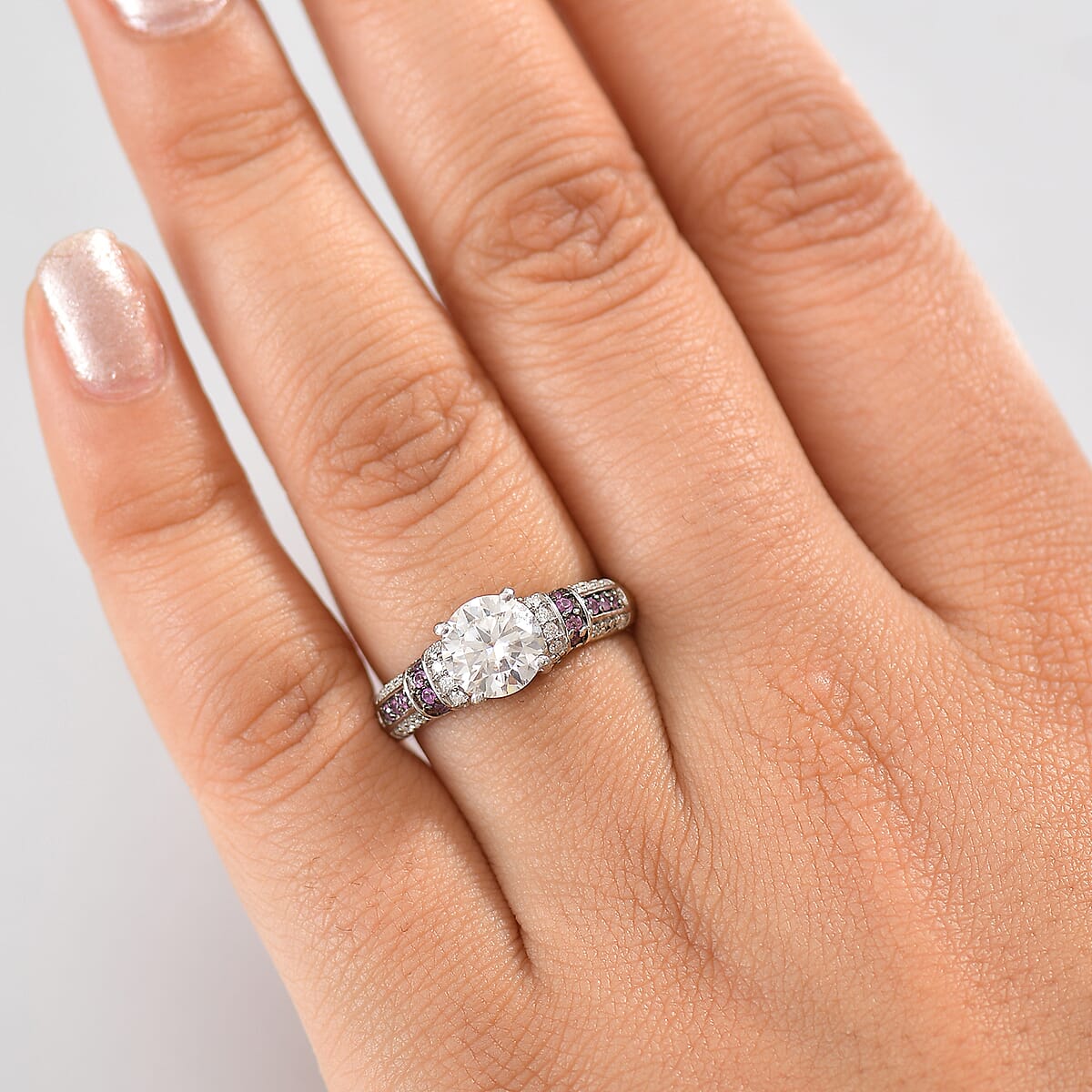 Moissanite and Pink Sapphire 2.00 ctw Ring in Rhodium Over Sterling Silver (Size 6.0) image number 2
