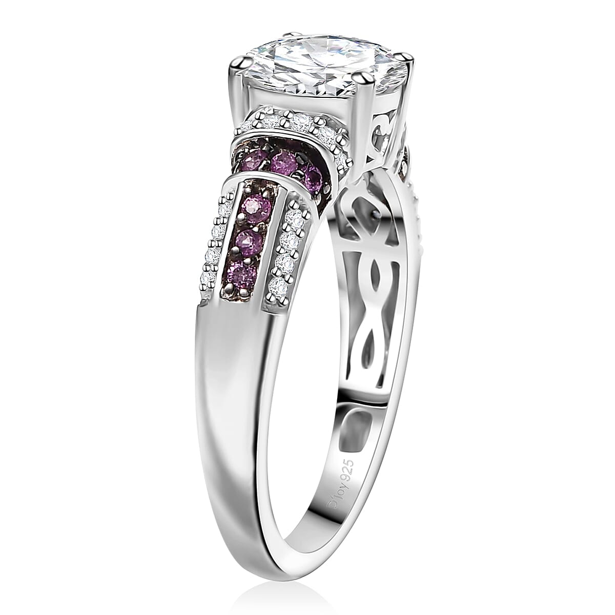 Moissanite and Pink Sapphire 2.00 ctw Ring in Rhodium Over Sterling Silver (Size 6.0) image number 3