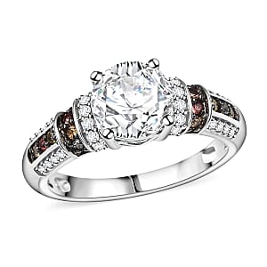 D'Joy Moissanite (Rnd 7.5mm), Multi Sapphire Ring in Rhodium Over Sterling Silver (Size 7.0) 2.00 ctw
