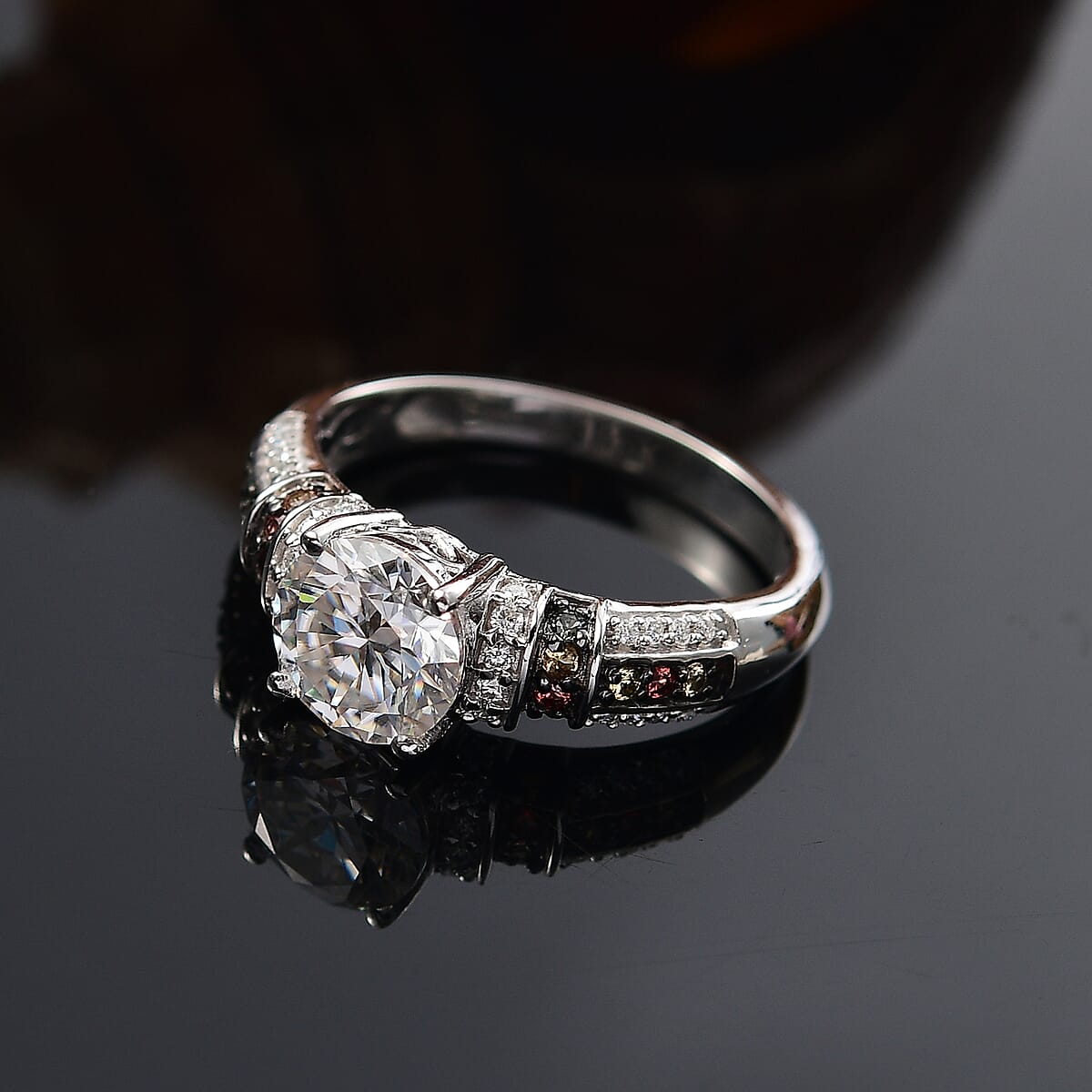 D'Joy Moissanite (Rnd 7.5mm), Multi Sapphire Ring in Rhodium Over Sterling Silver (Size 7.0) 2.00 ctw image number 1