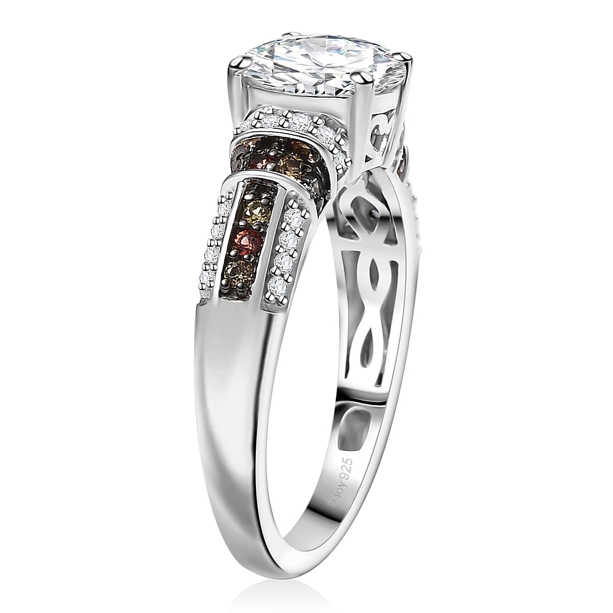 D'Joy Moissanite (Rnd 7.5mm), Multi Sapphire Ring in Rhodium Over Sterling Silver (Size 7.0) 2.00 ctw image number 3