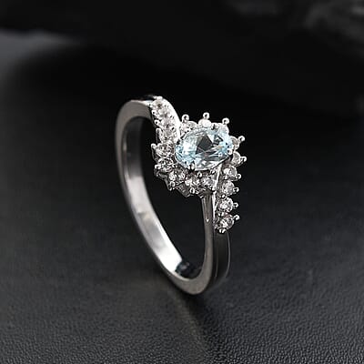 D'Joy Premium Mangoro Aquamarine and White Zircon 0.75 ctw Ocean Wave Ring in Rhodium Over Sterling Silver (Size 10.0)