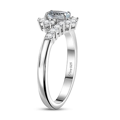 D'Joy Premium Mangoro Aquamarine and White Zircon 0.75 ctw Ocean Wave Ring in Rhodium Over Sterling Silver (Size 10.0)