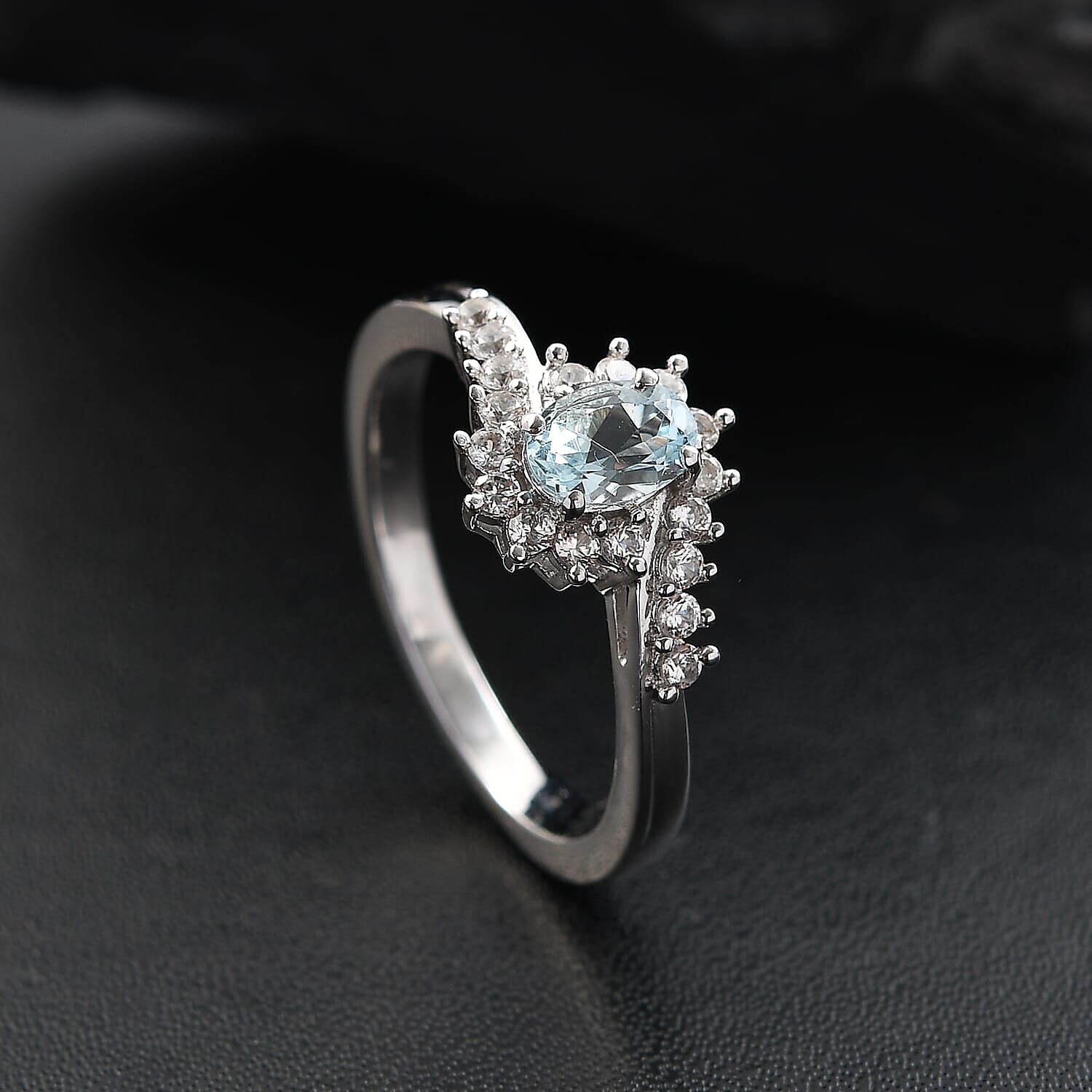Premium Mangoro Aquamarine, White Zircon Ocean Wave Ring in Rhodium Over Sterling Silver (Size 10.0) 0.75 ctw