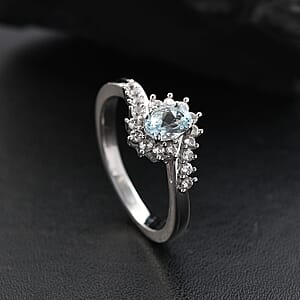 D'Joy Premium Mangoro Aquamarine and White Zircon 0.75 ctw Ocean Wave Ring in Rhodium Over Sterling Silver (Size 7.0)