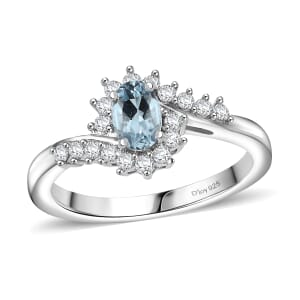D'Joy Premium Mangoro Aquamarine and White Zircon 0.75 ctw Ocean Wave Ring in Rhodium Over Sterling Silver (Size 9.0)