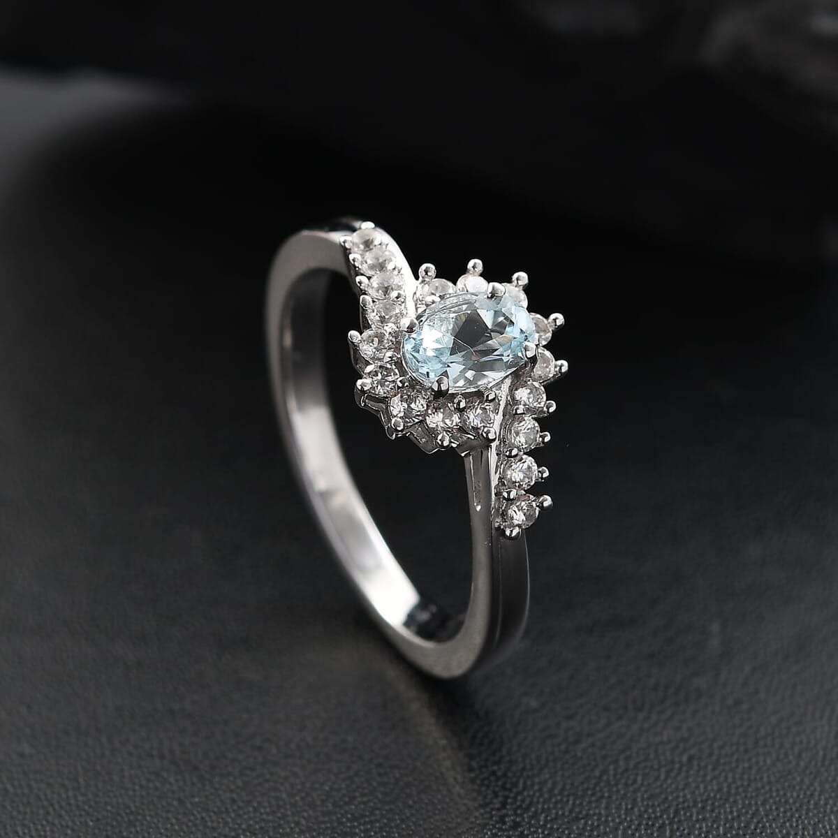 D'Joy Premium Mangoro Aquamarine and White Zircon 0.75 ctw Ocean Wave Ring in Rhodium Over Sterling Silver (Size 9.0) image number 1