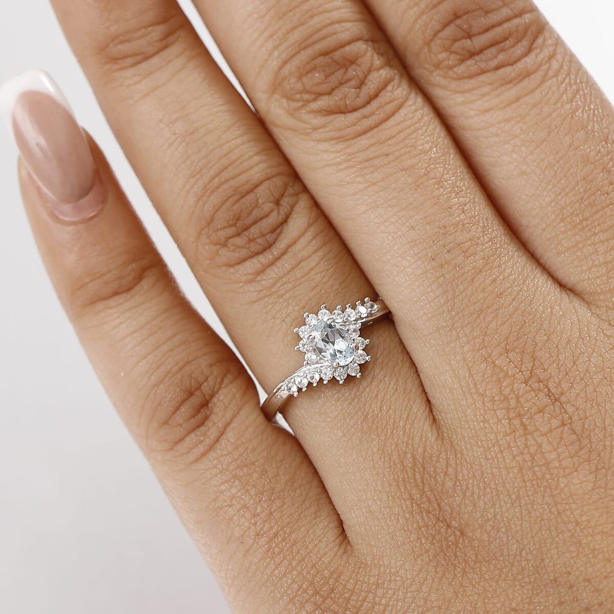 D'Joy Premium Mangoro Aquamarine and White Zircon 0.75 ctw Ocean Wave Ring in Rhodium Over Sterling Silver (Size 9.0) image number 2