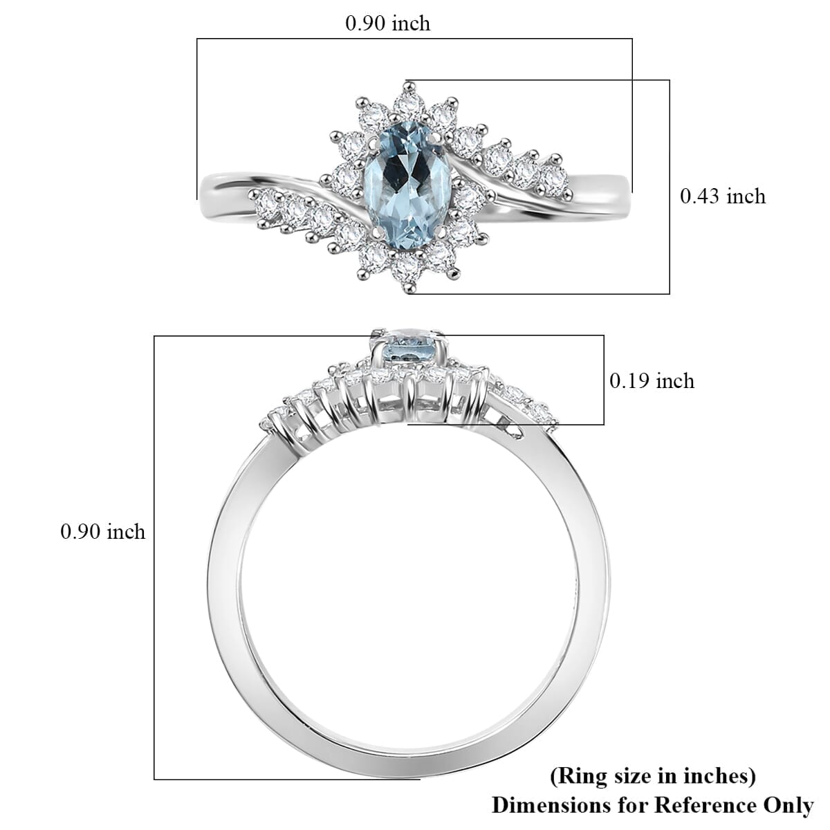 D'Joy Premium Mangoro Aquamarine and White Zircon 0.75 ctw Ocean Wave Ring in Rhodium Over Sterling Silver (Size 9.0) image number 5