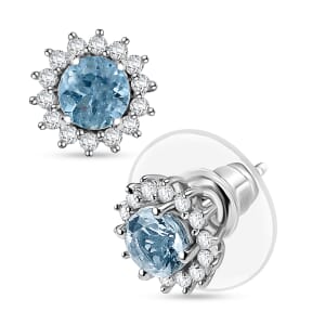 D'Joy Mangoro Aquamarine and White Zircon 1.20 ctw Aqua Sunburst Earrings in Rhodium Over Sterling Silver