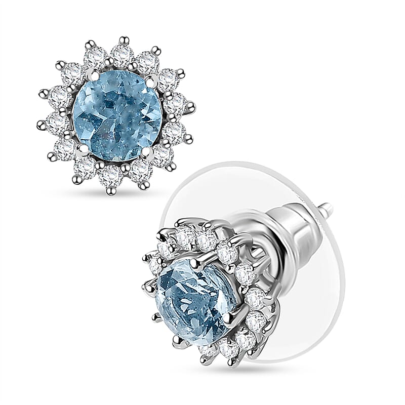 D'Joy Mangoro Aquamarine and White Zircon 1.20 ctw Aqua Sunburst Earrings in Rhodium Over Sterling Silver