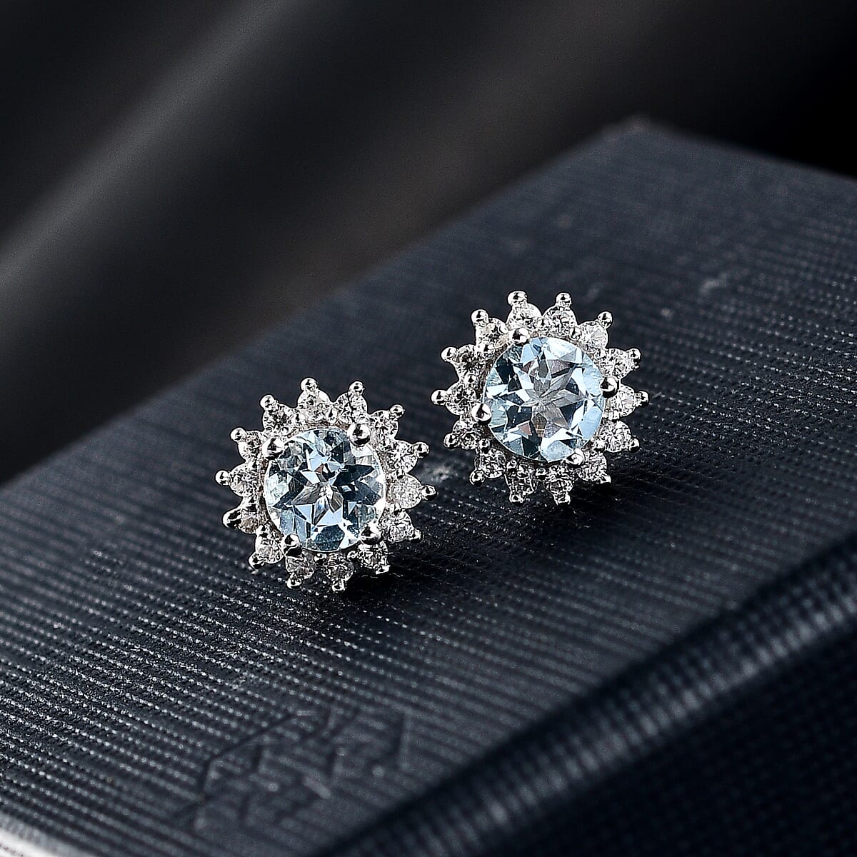 D'Joy Mangoro Aquamarine and White Zircon 1.20 ctw Aqua Sunburst Earrings in Rhodium Over Sterling Silver image number 1