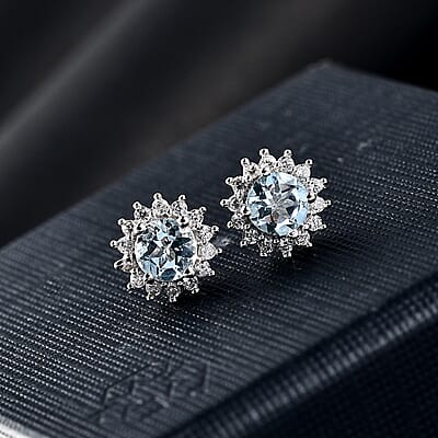 D'Joy Mangoro Aquamarine and White Zircon 1.20 ctw Aqua Sunburst Earrings in Rhodium Over Sterling Silver