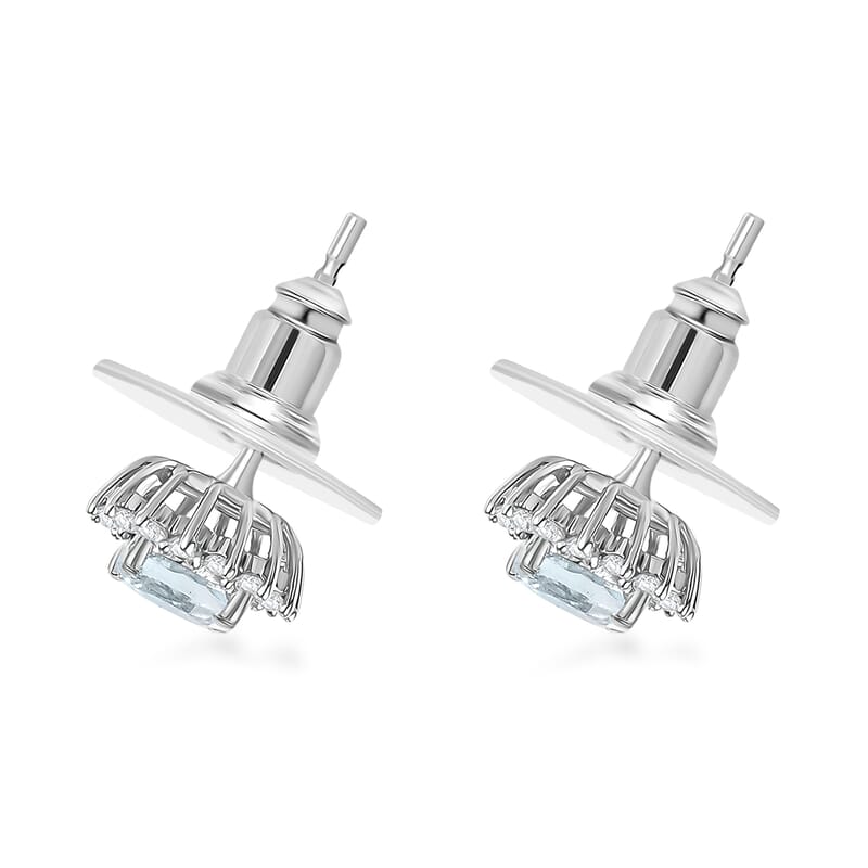 D'Joy Mangoro Aquamarine and White Zircon 1.20 ctw Aqua Sunburst Earrings in Rhodium Over Sterling Silver