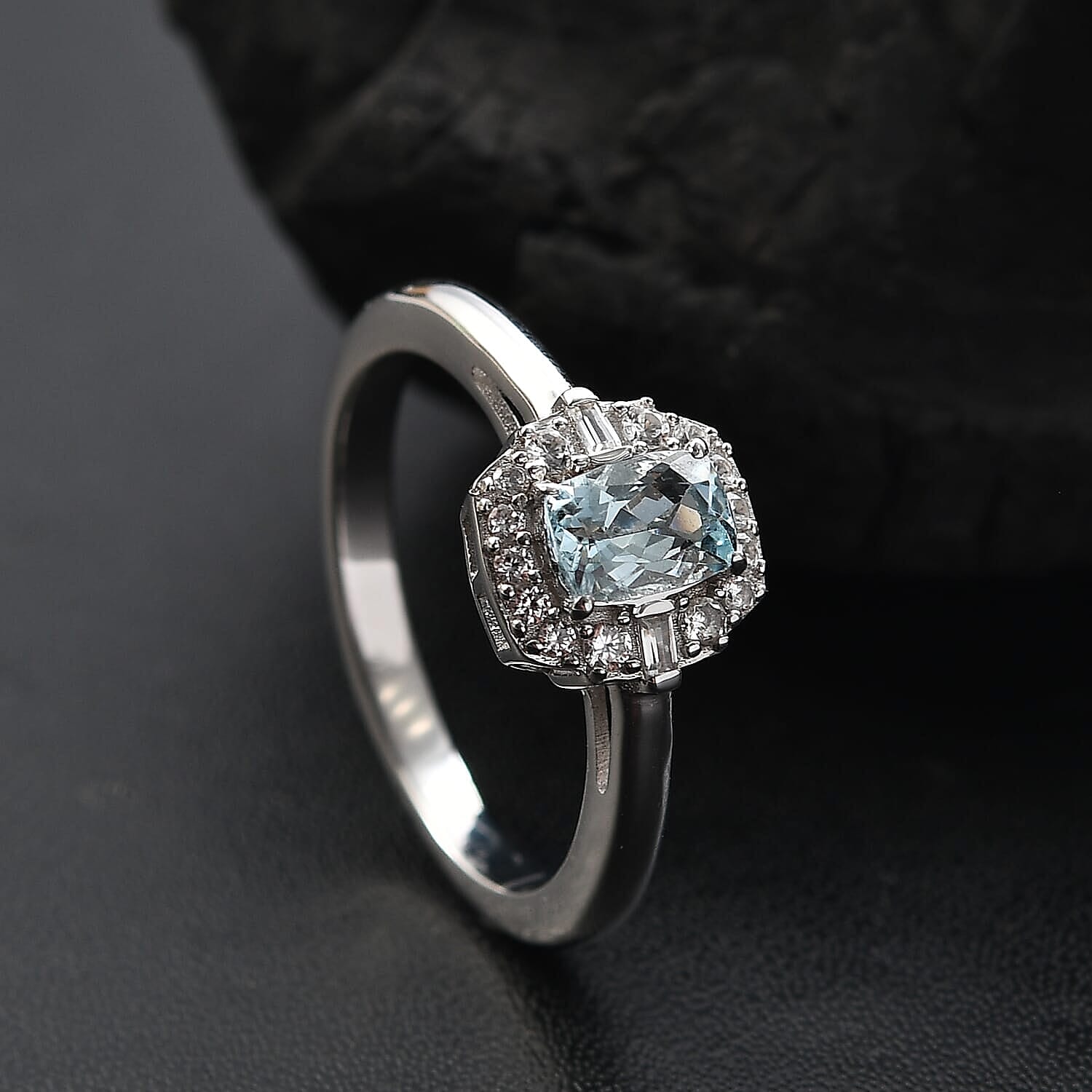D'Joy Premium Mangoro Aquamarine and White Zircon 0.70 ctw Ocean Serenity Ring in Rhodium Over Sterling Silver (Size 10.0)