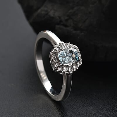D'Joy Premium Mangoro Aquamarine and White Zircon 0.70 ctw Ocean Serenity Ring in Rhodium Over Sterling Silver (Size 10.0)