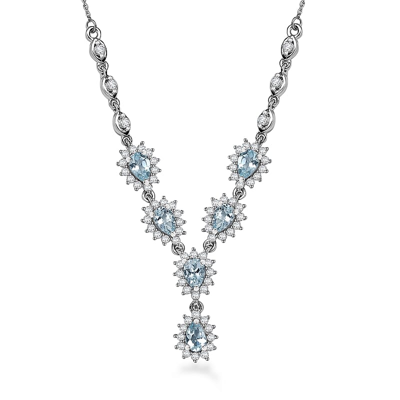 D'Joy Premium Mangoro Aquamarine and White Zircon 3.80 ctw Celestial Cascade Necklace in Rhodium Over Sterling Silver 18-20 Inches