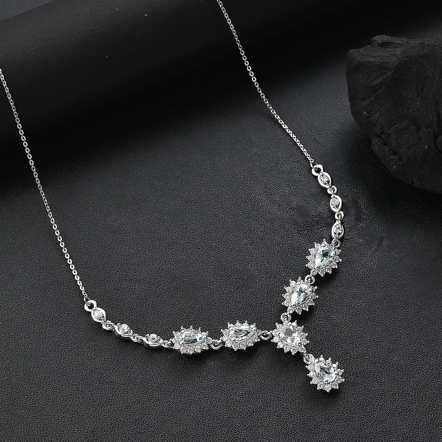 D'Joy Premium Mangoro Aquamarine and White Zircon 3.80 ctw Celestial Cascade Necklace in Rhodium Over Sterling Silver 18-20 Inches